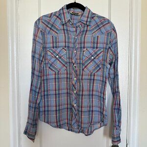 Salt Valley Western Light Blue Plaid Button-Down Shirt Size XS
